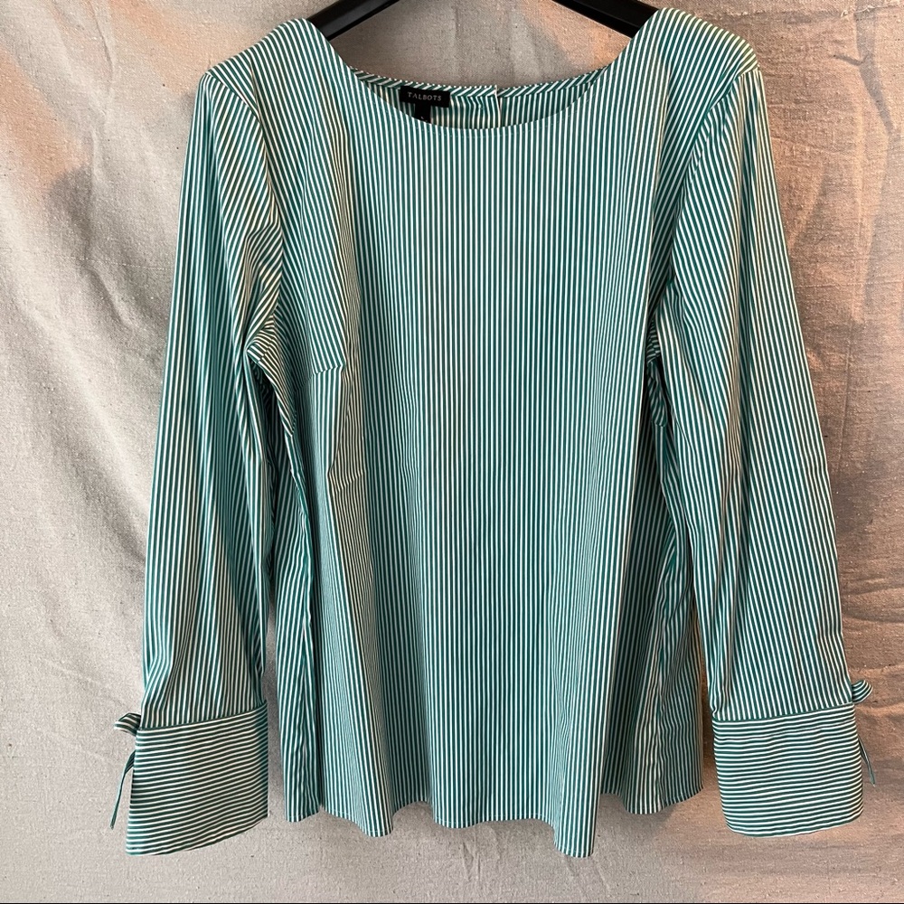 Talbots Striped Button Back Bow Cuff Blouse